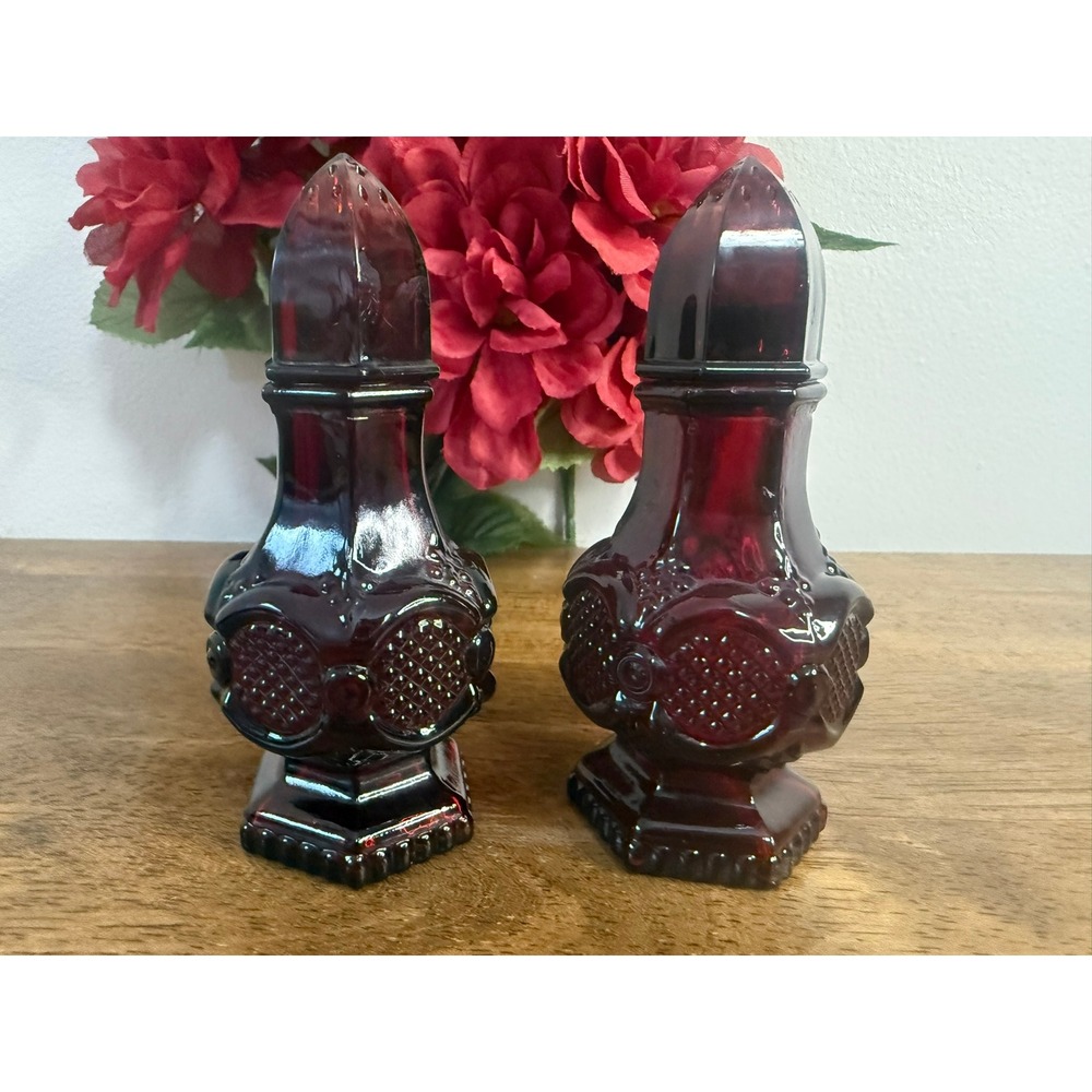 Avon Cape Cod Ruby Red Salt Pepper Shakers Vintage Glass Set Pressed Glass